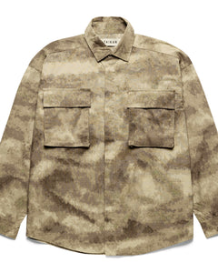 close up of the Taikan Shirt Jacket in Abstract Camo laying against a white background