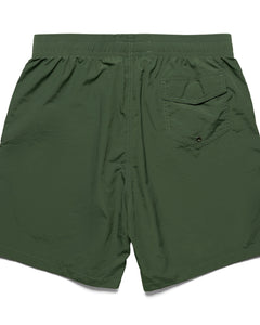 the back view of the Taikan Nylon Shorts in Forest Green laying flat on a white background