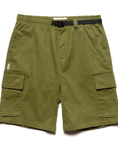  a close up of the front of the Taikan Cargo Shorts in Olive on a white background