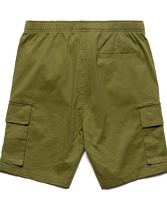  a close up of the back of the Taikan Cargo Shorts in Olive on a white background