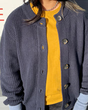 Load image into Gallery viewer, close up of the Minimum Women&#39;s Affie Cardigan in Navy Blazer worn open over a yellow tee
