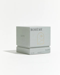 Boheme Fragrances Istanbul Candle's box sitting on an angle on a white surface