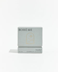 front of Boheme Fragrances Istanbul Candle's box on a white surface