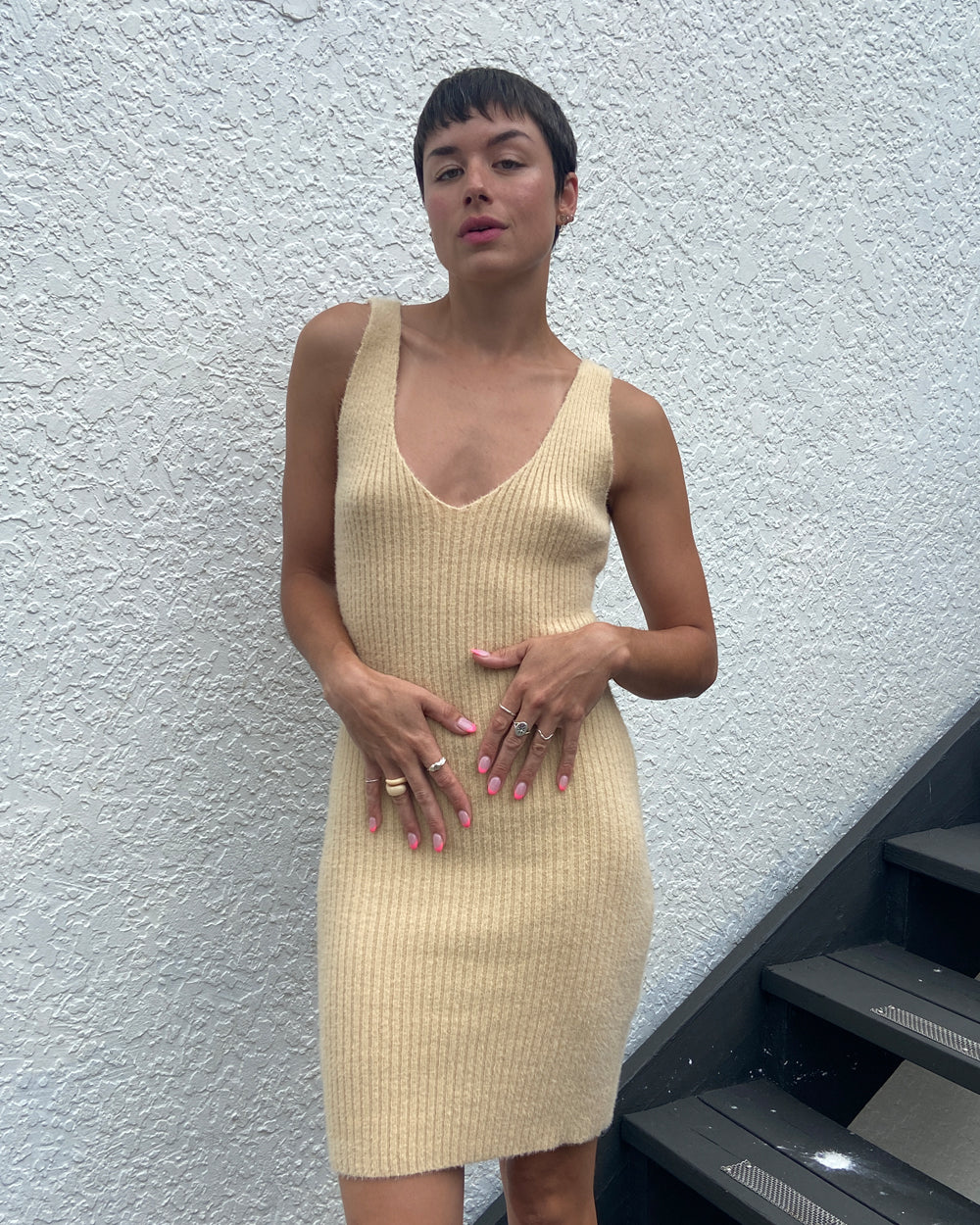 NA-KD V-Neck Knitted Mini Dress in Sand Beige – zebraclubcanada NA-KD V-Neck Knitted Mini Dress in Sand Beige – zebraclubcanada